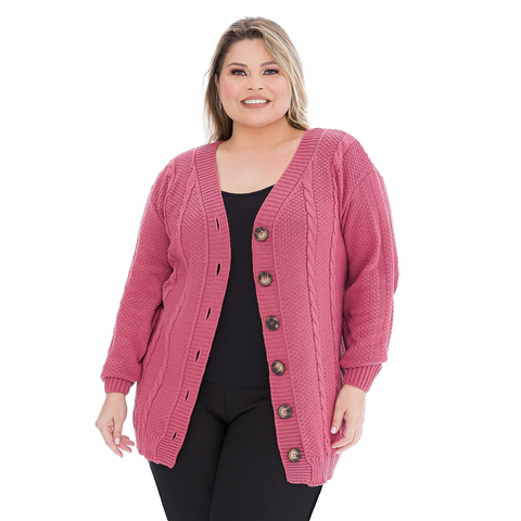 Casaco Plus Size em Tricô Trançado com Botões Rario10 – Elegância e Quentinho do 46 ao 50