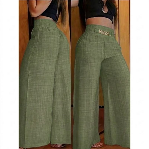 Calça Pantalona De Linho Com Cintura Alta e Bolsos Rario10.com.br