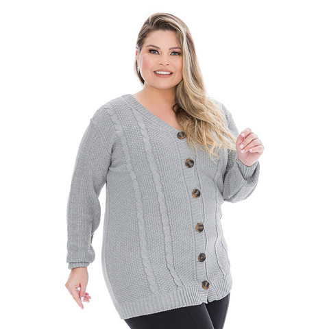 Casaco Plus Size em Tricô Trançado com Botões Rario10 – Elegância e Quentinho do 46 ao 50