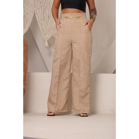 Calça Pantalona De Linho Com Cintura Alta e Bolsos Rario10.com.br