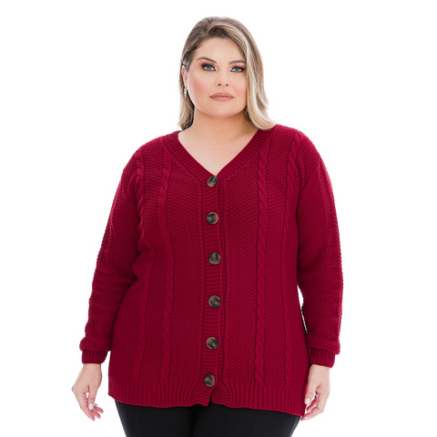 Casaco Plus Size em Tricô Trançado com Botões Rario10 – Elegância e Quentinho do 46 ao 50