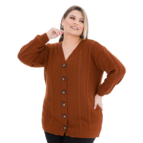 Casaco Plus Size em Tricô Trançado com Botões Rario10 – Elegância e Quentinho do 46 ao 50