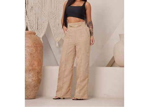 Calça Pantalona De Linho Com Cintura Alta e Bolsos Rario10.com.br