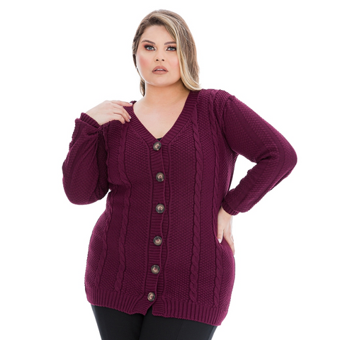 Casaco Plus Size em Tricô Trançado com Botões Rario10 – Elegância e Quentinho do 46 ao 50