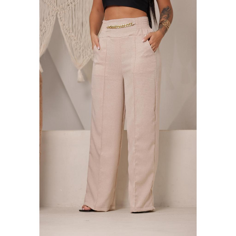 Calça Pantalona De Linho Com Cintura Alta e Bolsos Rario10.com.br