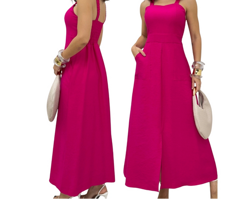 Vestido Midi com Bolso e Bojo Forrado Rario10 – Alça Estastex nas Costas | Rosa, Preto e Verde