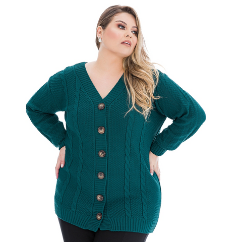 Casaco Plus Size em Tricô Trançado com Botões Rario10 – Elegância e Quentinho do 46 ao 50