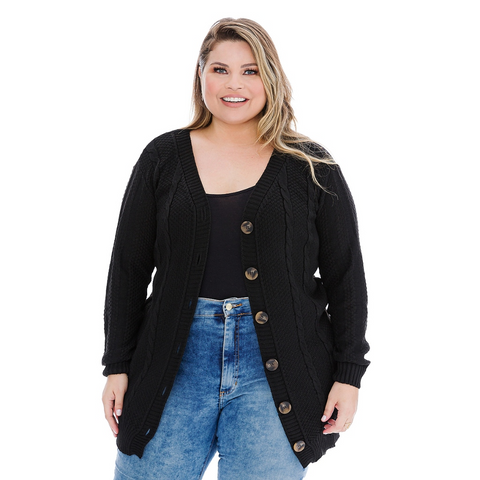 Casaco Plus Size em Tricô Trançado com Botões Rario10 – Elegância e Quentinho do 46 ao 50