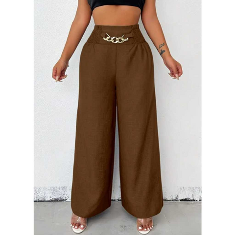 Calça Pantalona De Linho Com Cintura Alta e Bolsos Rario10.com.br