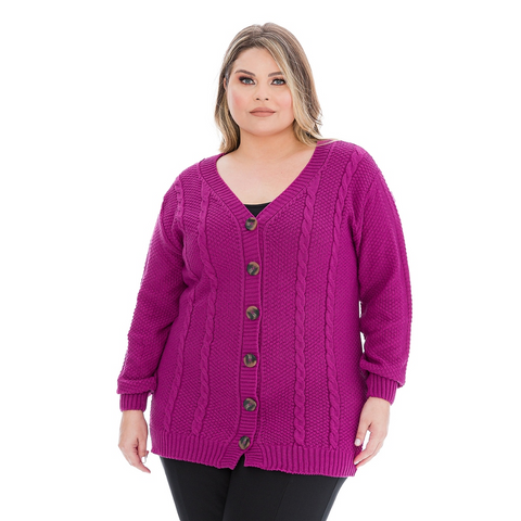 Casaco Plus Size em Tricô Trançado com Botões Rario10 – Elegância e Quentinho do 46 ao 50