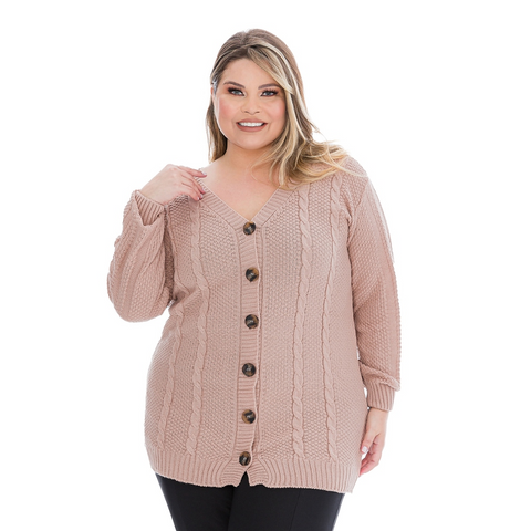 Casaco Plus Size em Tricô Trançado com Botões Rario10 – Elegância e Quentinho do 46 ao 50