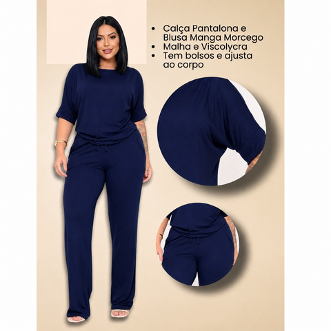 Conjunto Feminino Rario10 – Calça Pantalona e Blusa Manga Morcego em Viscolycra Premium