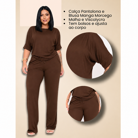 Conjunto Feminino Rario10 – Calça Pantalona e Blusa Manga Morcego em Viscolycra Premium