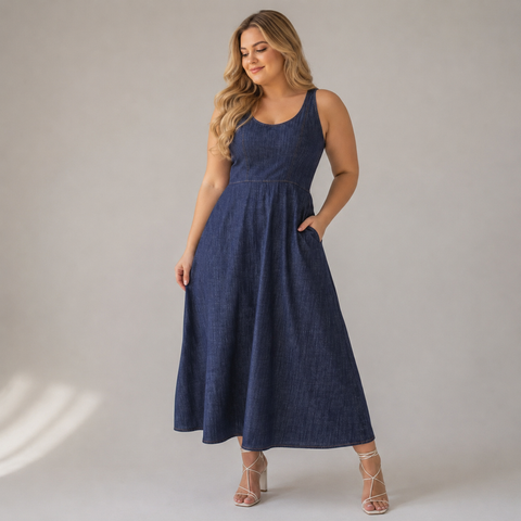 Vestido Jeans Midi Elegance de Alça, Bolsos e Elastico nas Costas