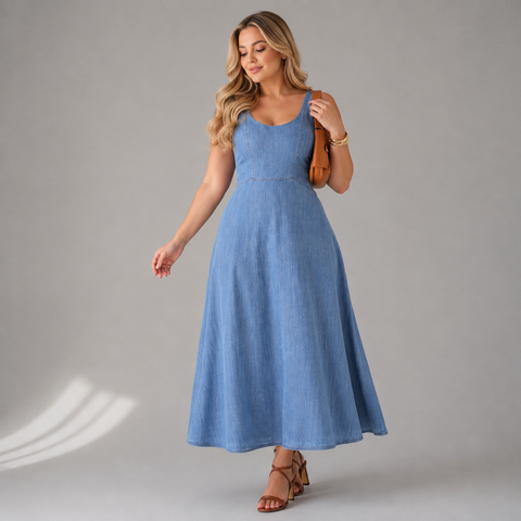 Vestido Jeans Midi Elegance de Alça, Bolsos e Elastico nas Costas