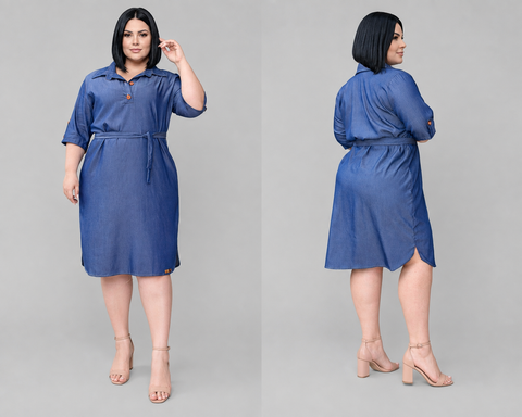 Vestido Chemise Jeans Chambret Feminino Plus Size com Botões Frontais e Laço na Cintura