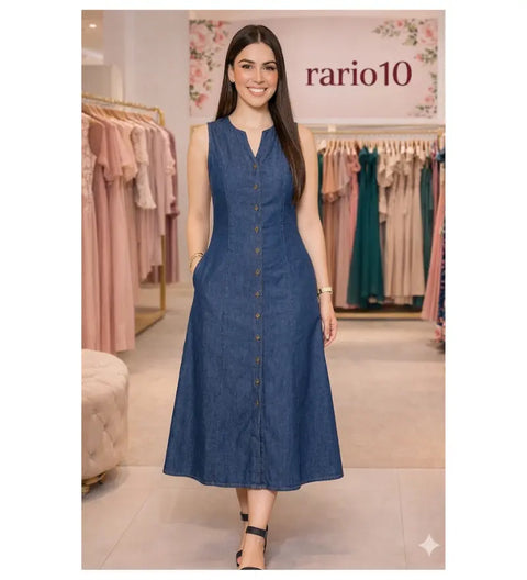 Vestido Midi Sem Mangas Jeans Com Bolsos Laterais e Botões Rario10.com.br