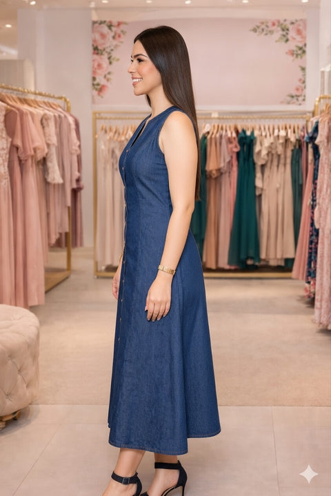 Vestido Midi Sem Mangas Jeans Com Bolsos Laterais e Botões