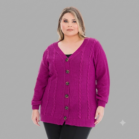 Casaco Plus Size em Tricô Trançado com Botões Rario10 – Elegância e Quentinho do 46 ao 50