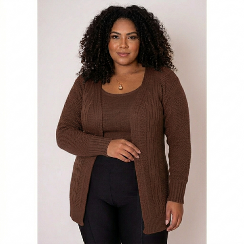 Conjunto Plus Size Rario10 – Cardigan e Regata em Tricot | Veste do 48 ao 54