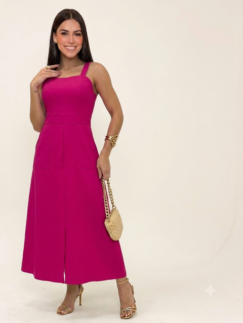 Vestido Midi com Bolso e Bojo Forrado Rario10 – Alça Estastex nas Costas | Rosa, Preto e Verde