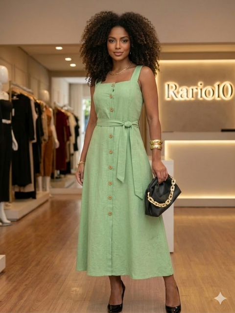 Vestido Mídi Longo Feminino Elegante com Cinto e Botões Frontais