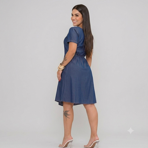 Vestido Midi Feminino Jeans Botões e Bolsos