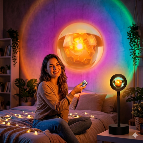 Luminária LED Sunset com Projeção RGB, 16 Cores, Controle Remoto, Base Circular