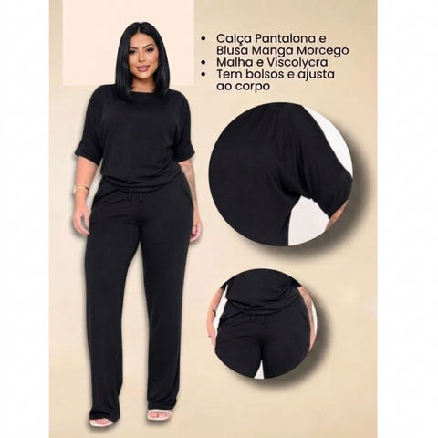 Conjunto Feminino Rario10 – Calça Pantalona e Blusa Manga Morcego em Viscolycra Premium