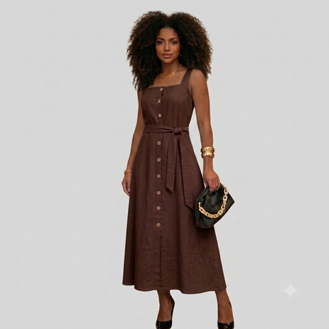 Vestido Mídi Longo Feminino Elegante com Cinto e Botões Frontais