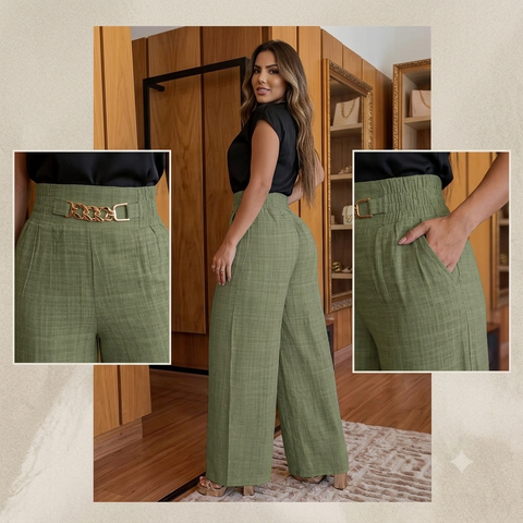 Calça Pantalona De Linho Com Cintura Alta e Bolsos Rario10.com.br