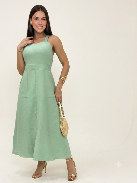 Vestido Midi com Bolso e Bojo Forrado Rario10 – Alça Estastex nas Costas | Rosa, Preto e Verde