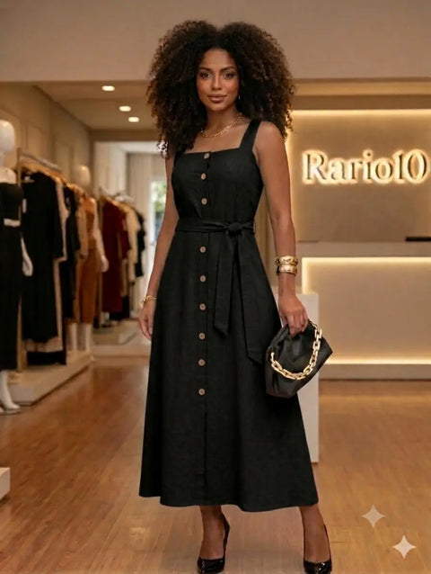 Vestido Mídi Longo Feminino Elegante com Cinto e Botões Frontais Rario10.com.br