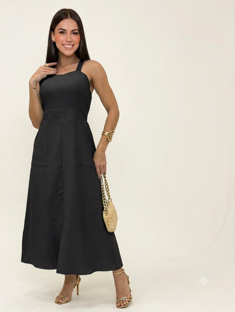 Vestido Midi com Bolso e Bojo Forrado Rario10 – Alça Estastex nas Costas | Rosa, Preto e Verde