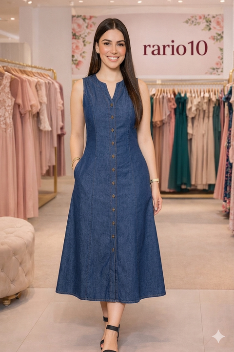Vestido Midi Sem Mangas Jeans Com Bolsos Laterais e Botões