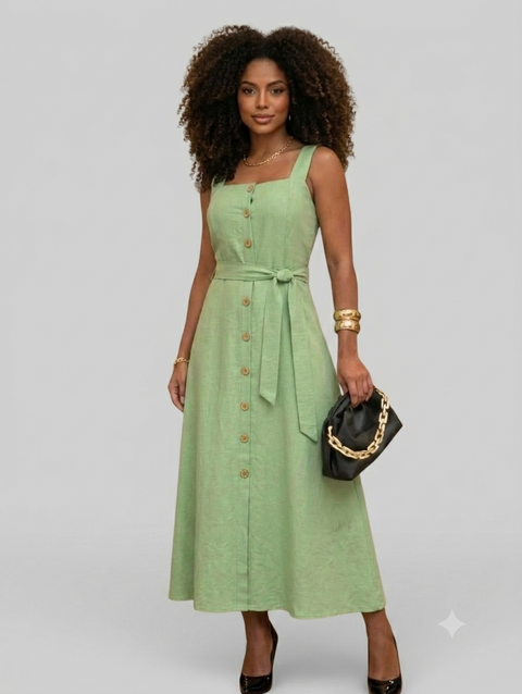 Vestido Mídi Longo Feminino Elegante com Cinto e Botões Frontais