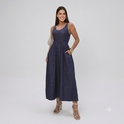 Vestido Jeans Midi Elegance de Alça, Bolsos e Elastico nas Costas