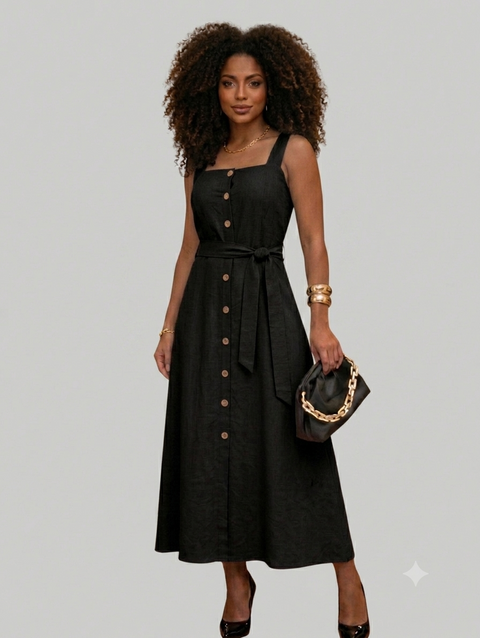 Vestido Mídi Longo Feminino Elegante com Cinto e Botões Frontais