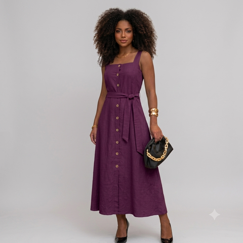 Vestido Mídi Longo Feminino Elegante com Cinto e Botões Frontais