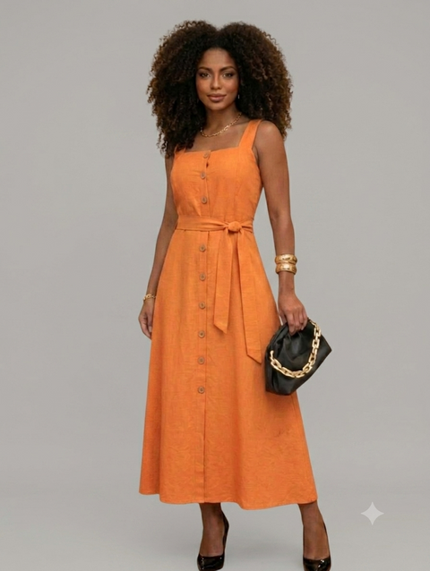 Vestido Mídi Longo Feminino Elegante com Cinto e Botões Frontais