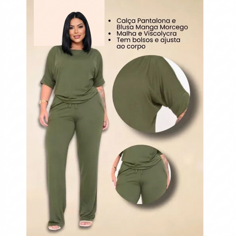 Conjunto Feminino Rario10 – Calça Pantalona e Blusa Manga Morcego em Viscolycra Premium
