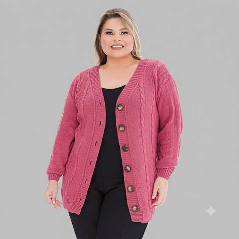 Casaco Plus Size em Tricô Trançado com Botões Rario10 – Elegância e Quentinho do 46 ao 50