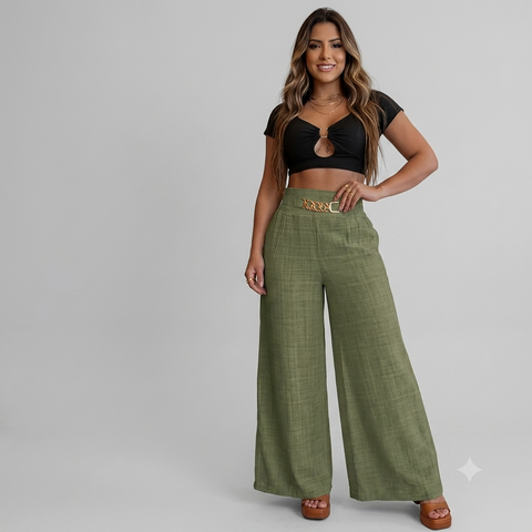 Calça Pantalona De Linho Com Cintura Alta e Bolsos