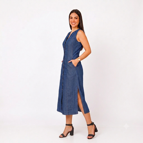 Vestido Midi Sem Mangas Jeans Com Bolsos Laterais e Botões Rario10.com.br
