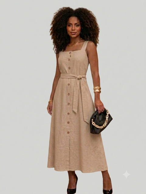 Vestido Mídi Longo Feminino Elegante com Cinto e Botões Frontais