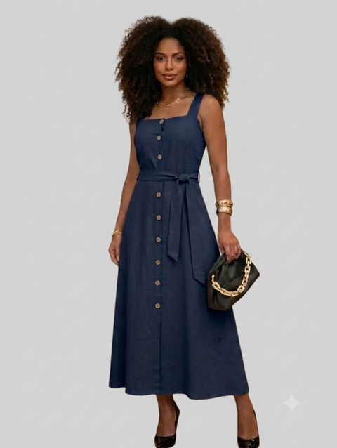 Vestido Mídi Longo Feminino Elegante com Cinto e Botões Frontais