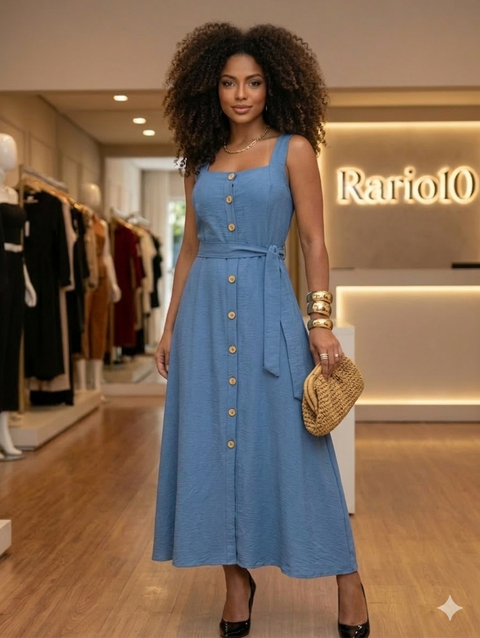 Vestido Mídi Longo Feminino Elegante com Cinto e Botões Frontais