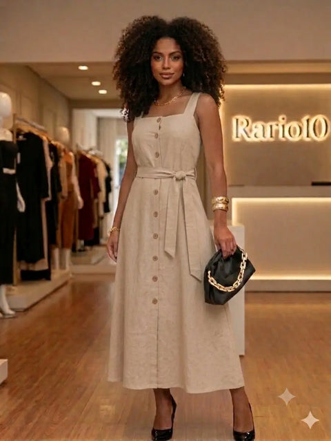 Vestido Mídi Longo Feminino Elegante com Cinto e Botões Frontais Rario10.com.br