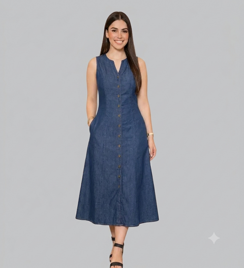 Vestido Midi Sem Mangas Jeans Com Bolsos Laterais e Botões