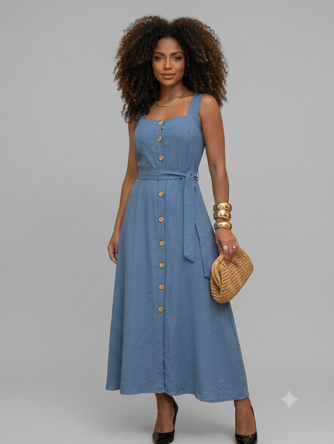 Vestido Mídi Longo Feminino Elegante com Cinto e Botões Frontais